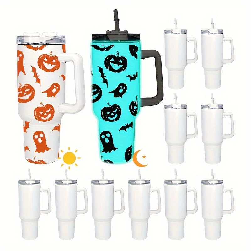 12pcs, 40oz Sublimation Tumbler Glow In The Dark Bottle with Handle and Straw Lid, Stainless Steel Vacuum Insulated Mug, Portable Large Capacity Cup, for Outdoor Sports, Travel & Camping, Gift