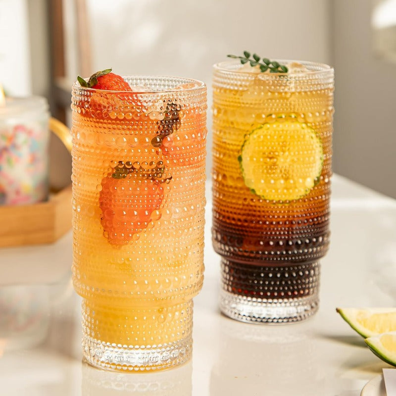 4 Pack Vintage Glassware Drinking Glasses Set 16 oz Hobnail Glassware Emed Clear Water Tumbler Cocktail Glass Cups for Kitchen and Bar Perfect for Juice Iced Coffee Whiskey Beer