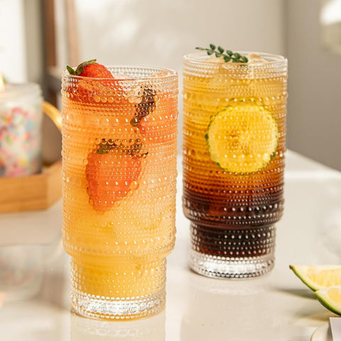 4 Pack Vintage Glassware Drinking Glasses Set 16 oz Hobnail Glassware Emed Clear Water Tumbler Cocktail Glass Cups for Kitchen and Bar Perfect for Juice Iced Coffee Whiskey Beer