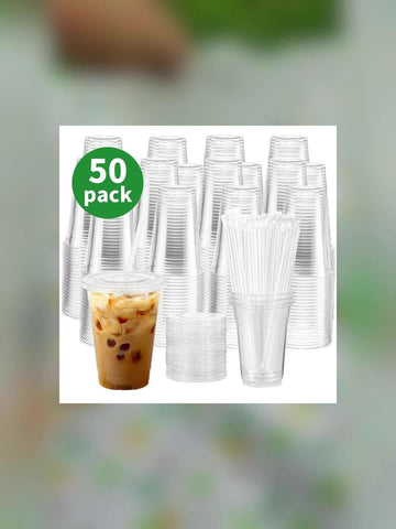 50 Sets 12oz-16oz-20oz-24oz Disposable Plastic Cups with Lids & Straws - Coffee Cold Drink Cups for Holiday Party, Halloween party, Christmas gatheringTravel, Home & Office Use, Disposable Cup, Cups Disposable