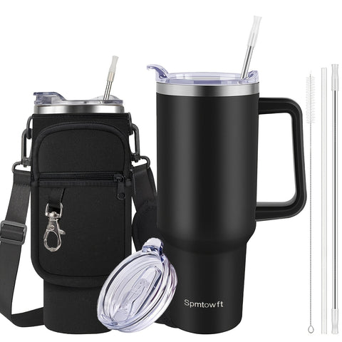 SPMTOWFT 40 Oz Tumbler with Handle, Insulated Water Bottle Carrier Bag with Lid And Straw, Reusable Stainless Steel Vacuum Insulated Cup, Leak Proof Thermal Travel Coffee Mug Cup for Cold And Hot, Phone Pocket, Office Drinkware, Gym Goers