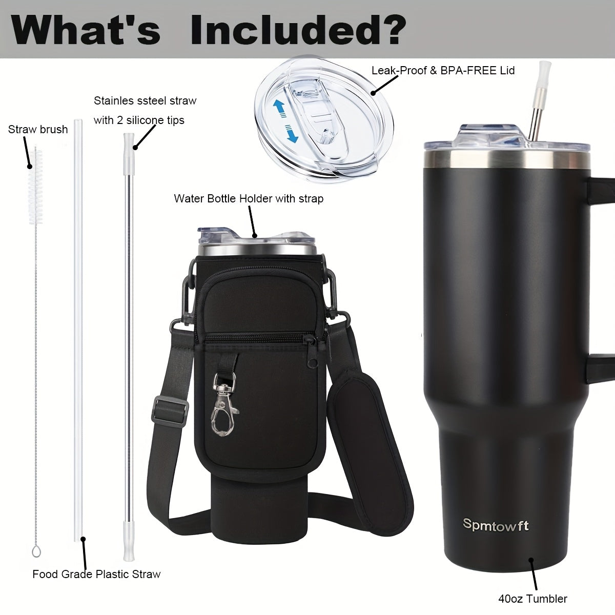 SPMTOWFT 40 Oz Tumbler with Handle, Insulated Water Bottle Carrier Bag with Lid And Straw, Reusable Stainless Steel Vacuum Insulated Cup, Leak Proof Thermal Travel Coffee Mug Cup for Cold And Hot, Phone Pocket, Office Drinkware, Gym Goers