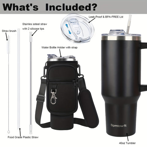 SPMTOWFT 40 Oz Tumbler with Handle, Insulated Water Bottle Carrier Bag with Lid And Straw, Reusable Stainless Steel Vacuum Insulated Cup, Leak Proof Thermal Travel Coffee Mug Cup for Cold And Hot, Phone Pocket, Office Drinkware, Gym Goers