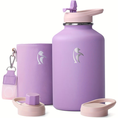 64\u002F128 Oz Water Bottle Insulated With PU Leather Sleeve, Half Gallon Water Bottle Color Contrast With Straw Lids, Stainless Steel Metal Large Water Jug, Keep Cold 48h Hot 24h, Black\u002FPurple