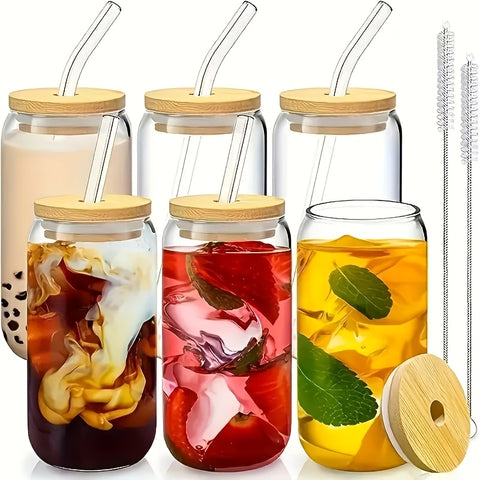 4\u002F6pcs, Glass Cup, 18.7oz\u002F550ml Glass Cup with Lid and Straw, Mason Jar Water Cup, Iced Coffee Cup, Glass Cup with Bamboo Lid,