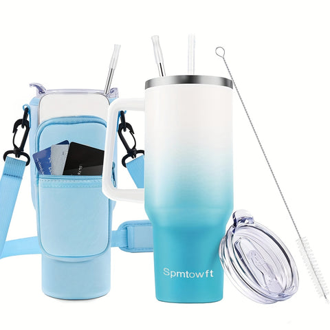 SPMTOWFT 40 Oz Tumbler with Handle, Insulated Water Bottle Carrier Bag with Lid And Straw, Reusable Stainless Steel Vacuum Insulated Cup, Leak Proof Thermal Travel Coffee Mug Cup for Cold And Hot, Phone Pocket, Office Drinkware, Gym Goers