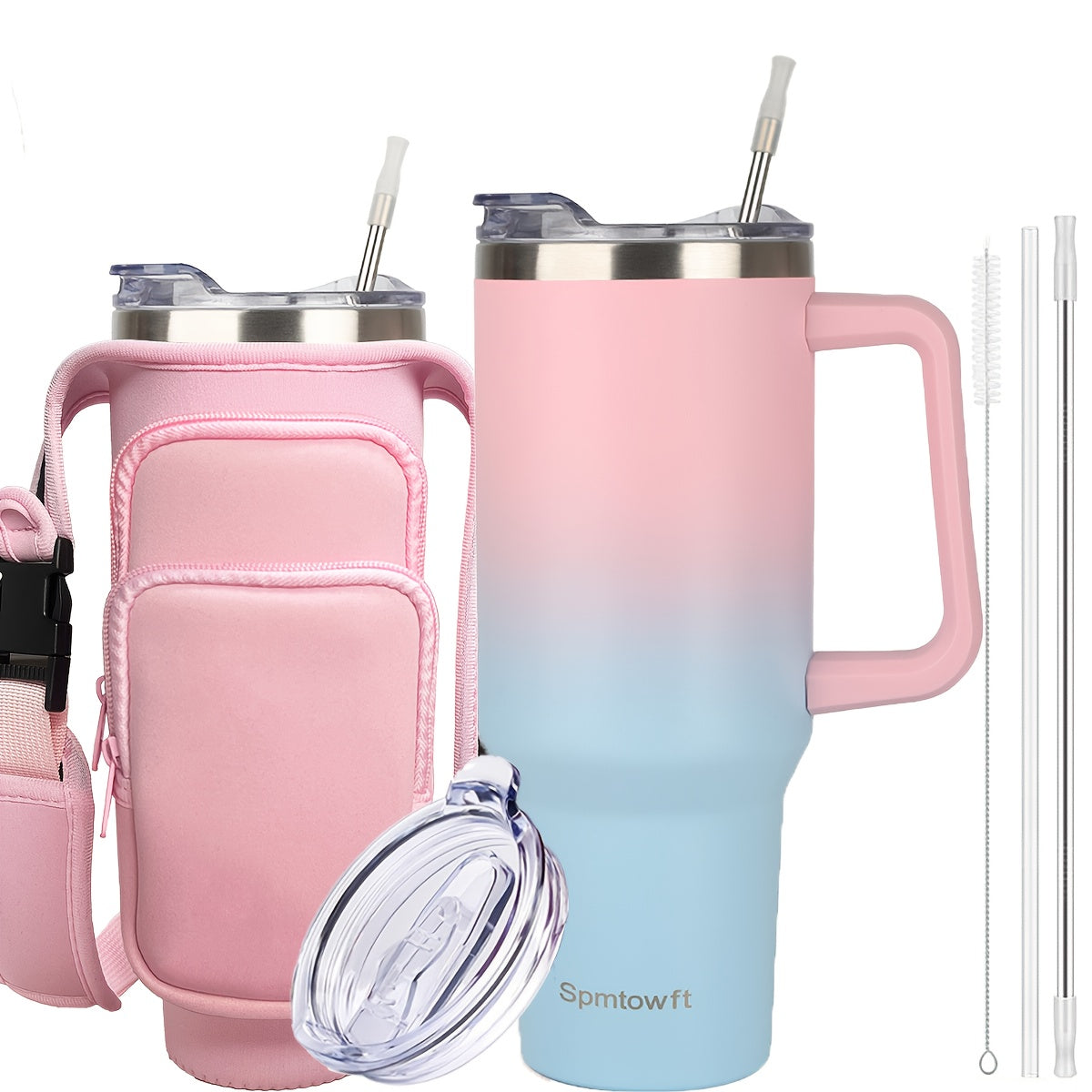 SPMTOWFT 40 Oz Tumbler with Handle, Insulated Water Bottle Carrier Bag with Lid And Straw, Reusable Stainless Steel Vacuum Insulated Cup, Leak Proof Thermal Travel Coffee Mug Cup for Cold And Hot, Phone Pocket, Office Drinkware, Gym Goers