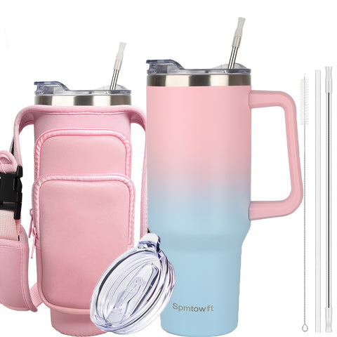 SPMTOWFT 40 Oz Tumbler with Handle, Insulated Water Bottle Carrier Bag with Lid And Straw, Reusable Stainless Steel Vacuum Insulated Cup, Leak Proof Thermal Travel Coffee Mug Cup for Cold And Hot, Phone Pocket, Office Drinkware, Gym Goers