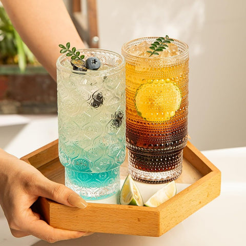 4 Pack Vintage Glassware Drinking Glasses Set 16 oz Hobnail Glassware Emed Clear Water Tumbler Cocktail Glass Cups for Kitchen and Bar Perfect for Juice Iced Coffee Whiskey Beer