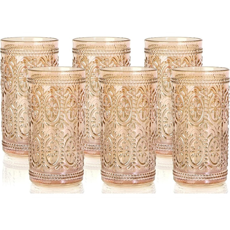 6 Pack Highball Beverage Glass Cup 12oz Amber Glassware Drinking Vintage Emed Drinking Glasses Old Fashioned Glass for Party Wedding Home Office and Gift