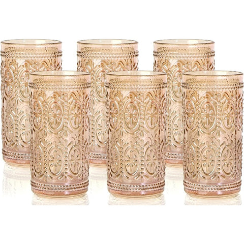 6 Pack Highball Beverage Glass Cup 12oz Amber Glassware Drinking Vintage Emed Drinking Glasses Old Fashioned Glass for Party Wedding Home Office and Gift